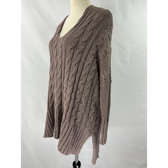 Free People Easy Cable V-neck Knit Sweater Brown Mushroom XS Tunic Oversized - Picture 13 of 14